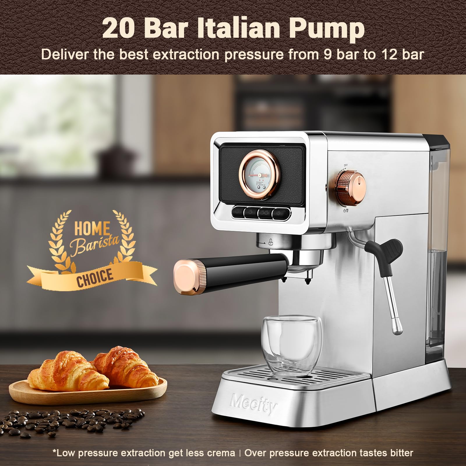Mecity 20 Bar Espresso Machine with Milk Frother, Brushed Stainless Steel Shell, 37 fl.Oz Water Reservoir, Coffee Maker For Espresso, Latte, Mocha, Americano. 1400W