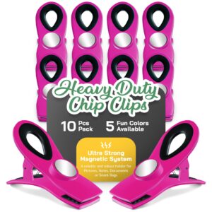 magnus 10 pack magnetic chip clips - tight sealing bag clips for food packages with super strong magnet clips for fridge heavy duty - food clips for bags, chip bag clip for food storage (matte pink)