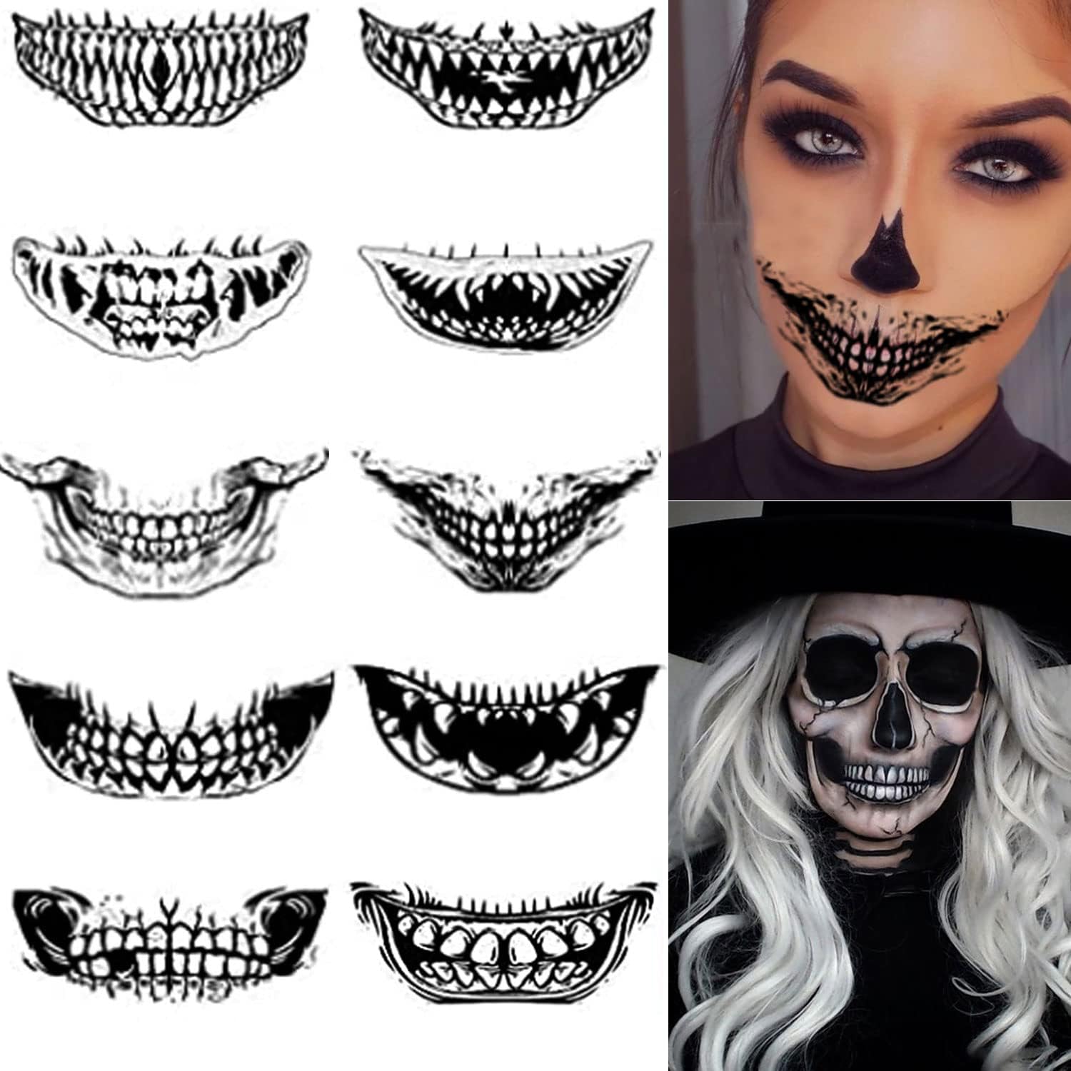 Halloween Mouth Teeth Tattoo Sticker, Halloween Temporary Tattoos Face Decals, 10Pcs Black White Horror Mouth Face Tattoo Lip Stickers, Halloween Cosplay Party Masquerade Prank Makeup Props