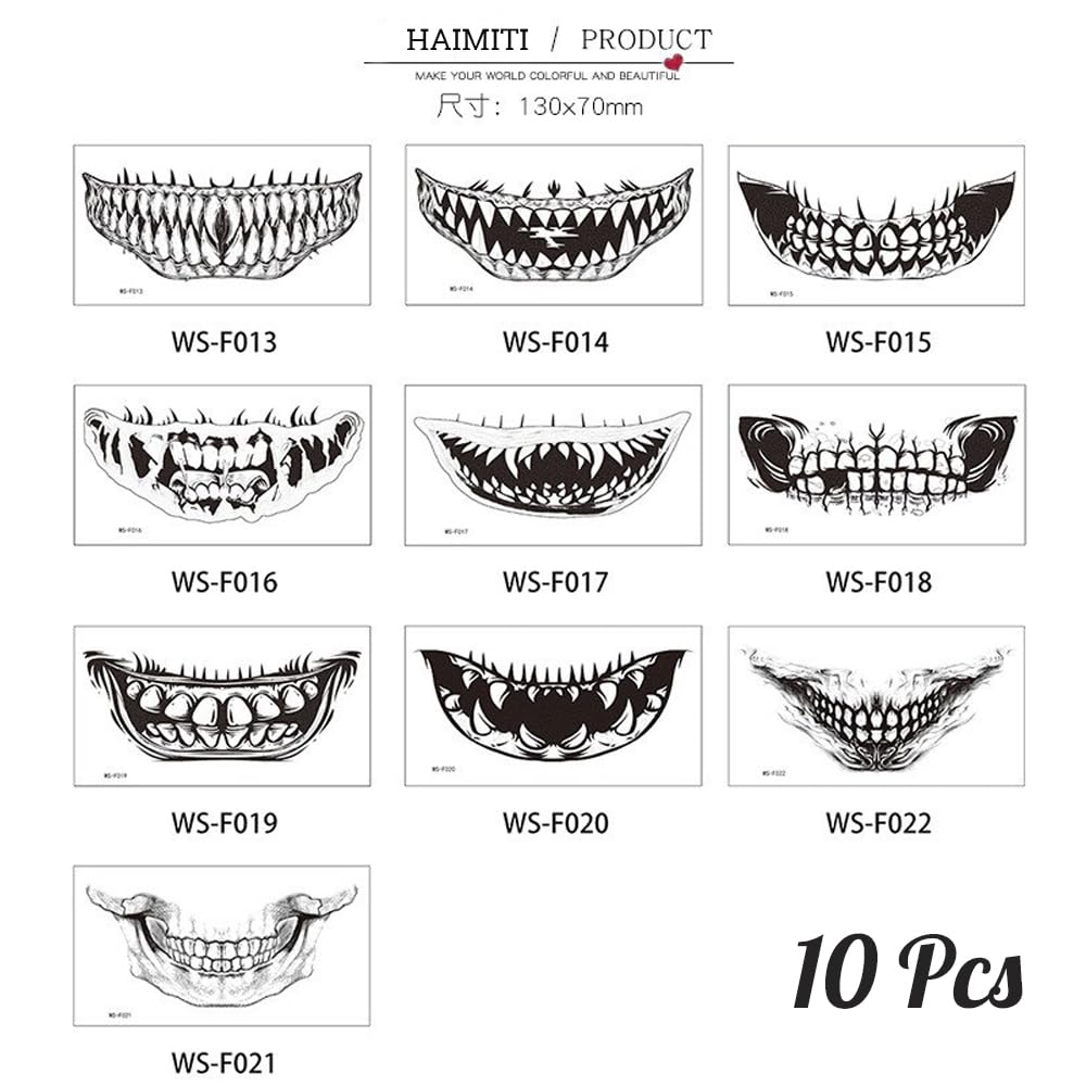 Halloween Mouth Teeth Tattoo Sticker, Halloween Temporary Tattoos Face Decals, 10Pcs Black White Horror Mouth Face Tattoo Lip Stickers, Halloween Cosplay Party Masquerade Prank Makeup Props