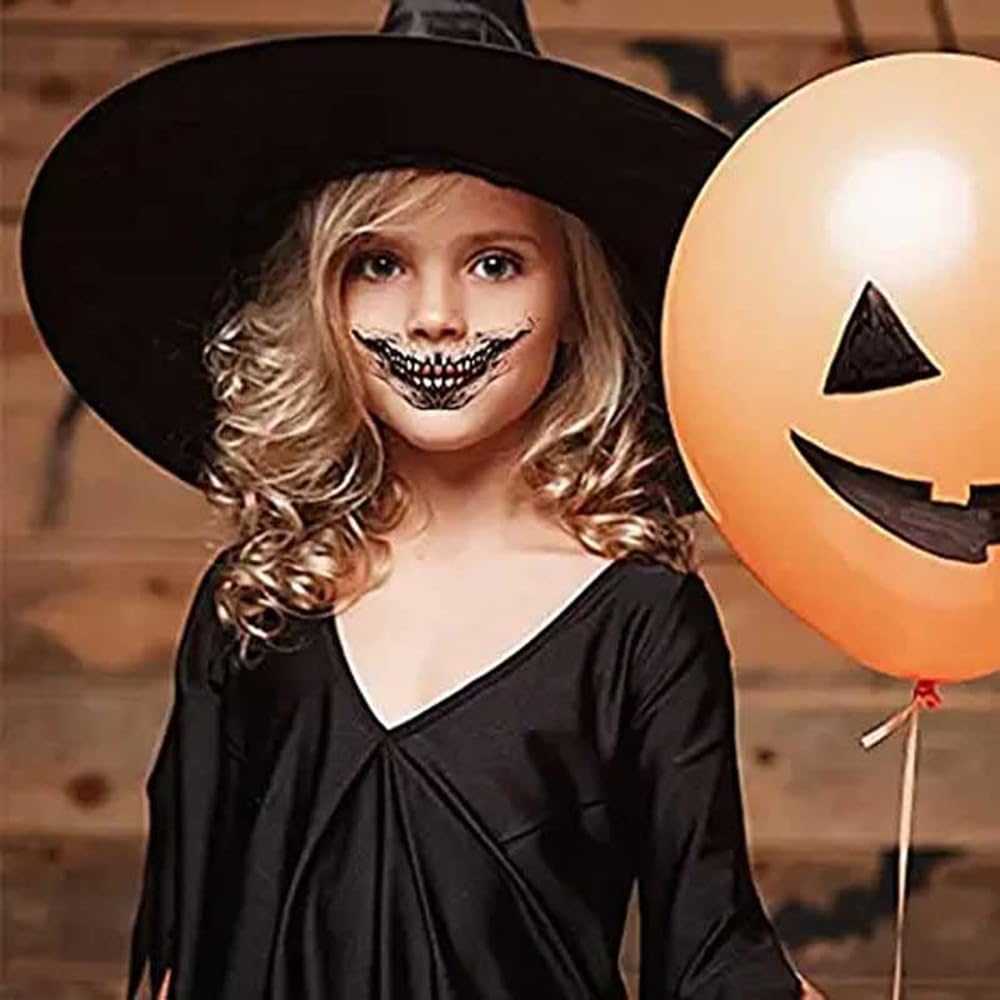 Halloween Mouth Teeth Tattoo Sticker, Halloween Temporary Tattoos Face Decals, 10Pcs Black White Horror Mouth Face Tattoo Lip Stickers, Halloween Cosplay Party Masquerade Prank Makeup Props