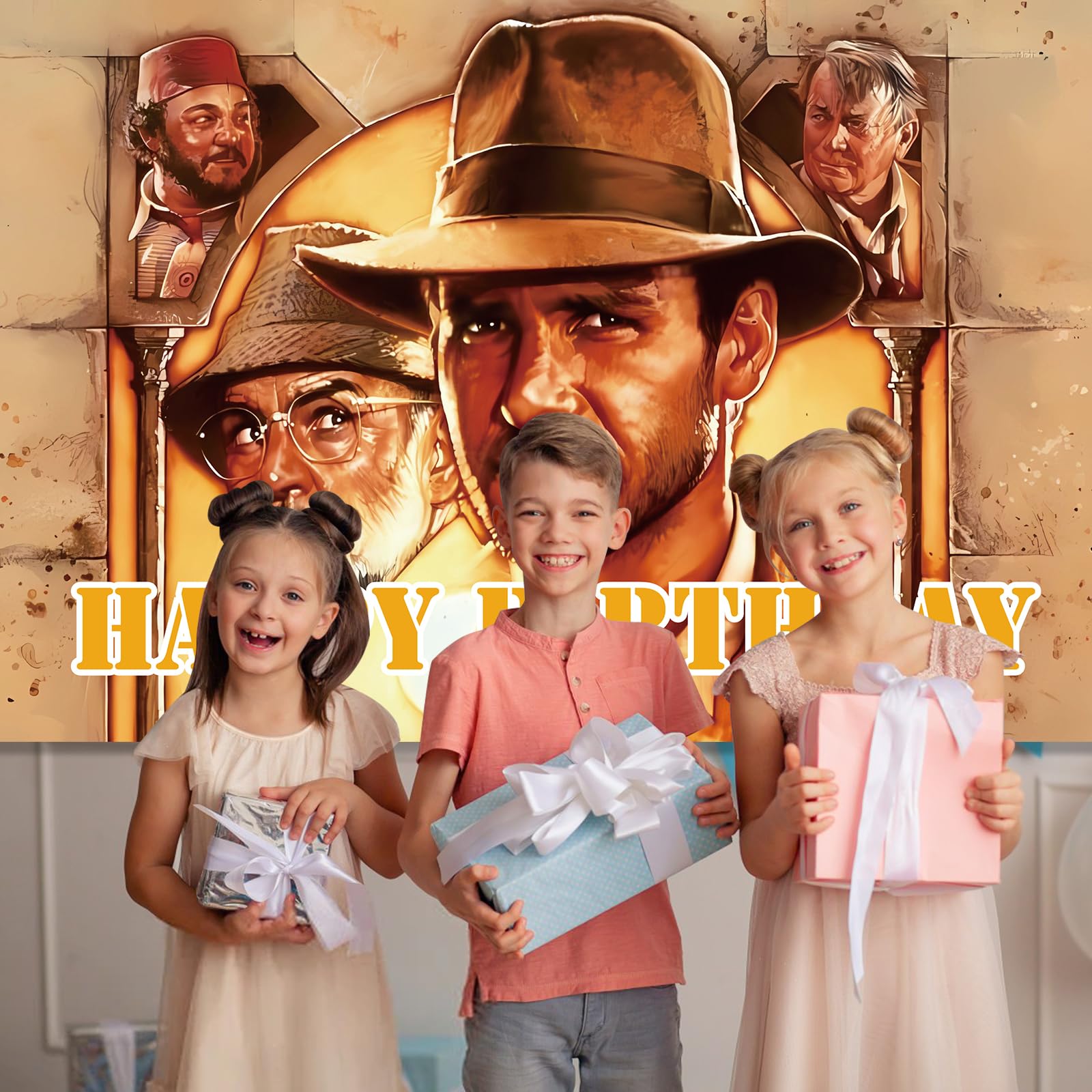 Indiana Jones Party Supplies, 5x3FT Indiana Jones Happy Birthday Party Banner Indiana Jones Party Decoration Backdrop Background for Baby Shower Girls and Boys