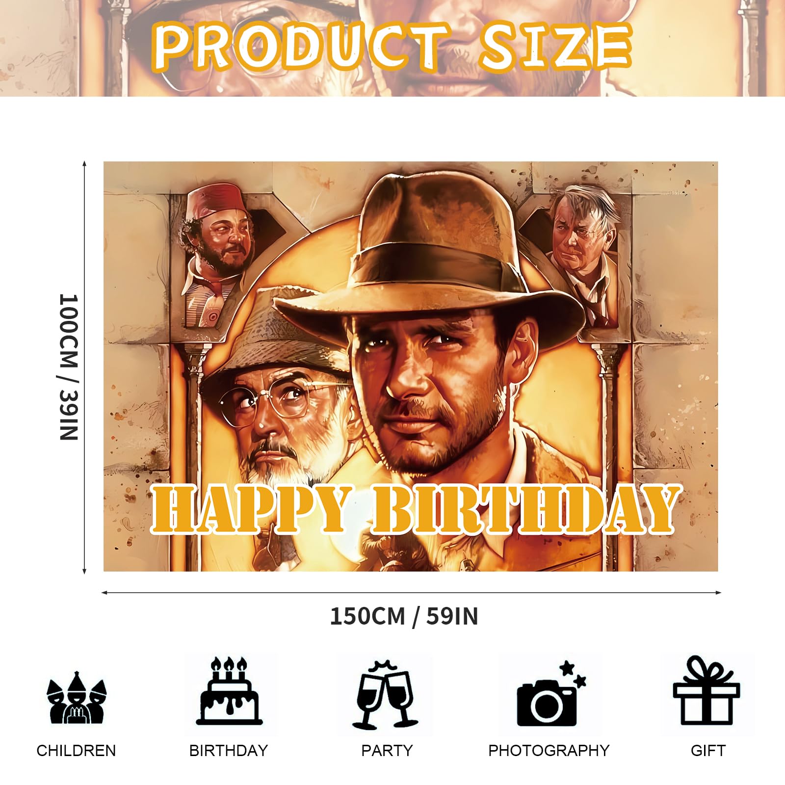 Indiana Jones Party Supplies, 5x3FT Indiana Jones Happy Birthday Party Banner Indiana Jones Party Decoration Backdrop Background for Baby Shower Girls and Boys