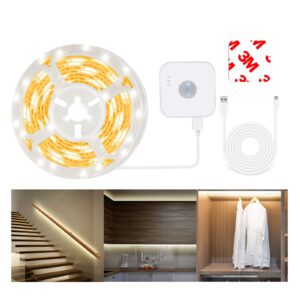 motion sensor led light strip with dual power supply and auto shut-off timer, night light, 9.84ft motion activated waterproof led strip light for kitchen, cabinet, bedroom, shelf, bed warm white 2700k