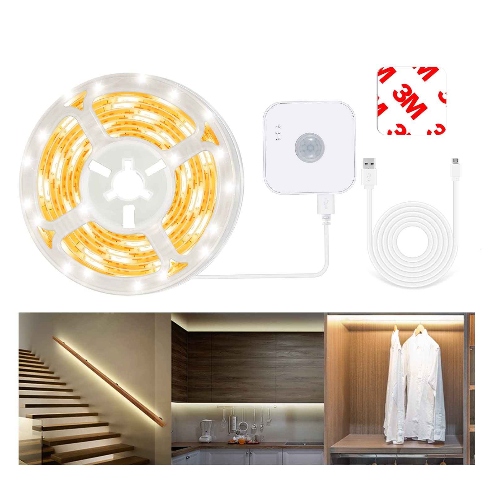 Motion Sensor LED Light Strip with Dual Power Supply and Auto Shut-Off Timer, Night Light, 9.84ft Motion Activated Waterproof LED Strip Light for Kitchen, Cabinet, Bedroom, Shelf, Bed Warm White 2700K