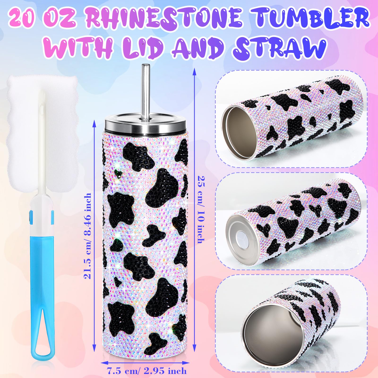 Gejoy 20 oz Bling Diamond Cow Print Stuff Tumbler for Women Rhinestone Stainless Steel Vacuum Insulated Cow Pattern Tumbler for Graduation Birthday Mother's Day Nurse's Day Teacher Appreciation Gifts