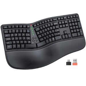 meetion ergonomic keyboard, split wireless keyboard with cushioned wrist, palm rest, curved, natural typing full size rechargeable keyboard with usb-c adapter for pc/computer/laptop/windows/mac, black