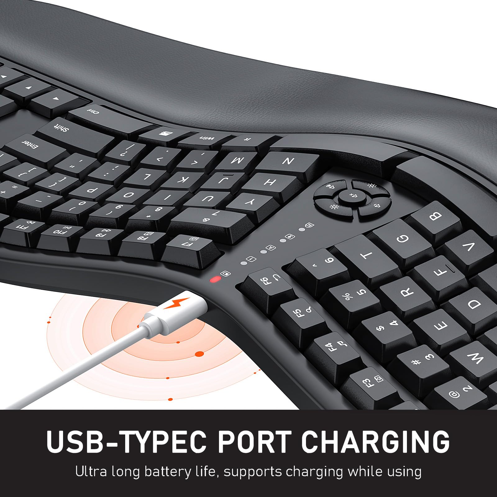 MEETION Ergonomic Keyboard, Split Wireless Keyboard with Cushioned Wrist, Palm Rest, Curved, Natural Typing Full Size Rechargeable Keyboard with USB-C Adapter for PC/Computer/Laptop/Windows/Mac, Black