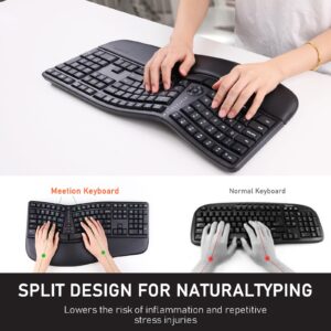 MEETION Ergonomic Keyboard, Split Wireless Keyboard with Cushioned Wrist, Palm Rest, Curved, Natural Typing Full Size Rechargeable Keyboard with USB-C Adapter for PC/Computer/Laptop/Windows/Mac, Black