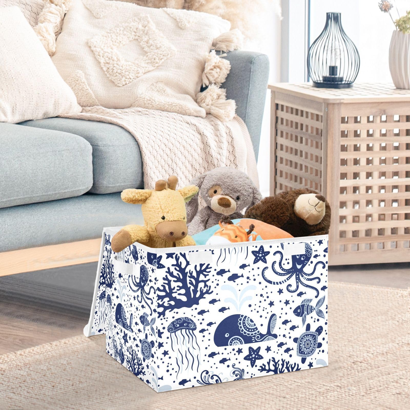 ALAZA Storage Bins Organizer Box Baskets Lidded Clothes for Shelves Closet Underwater Jellyfish Starfish Turtles Collapsible Stackable Storage Cubes Handles