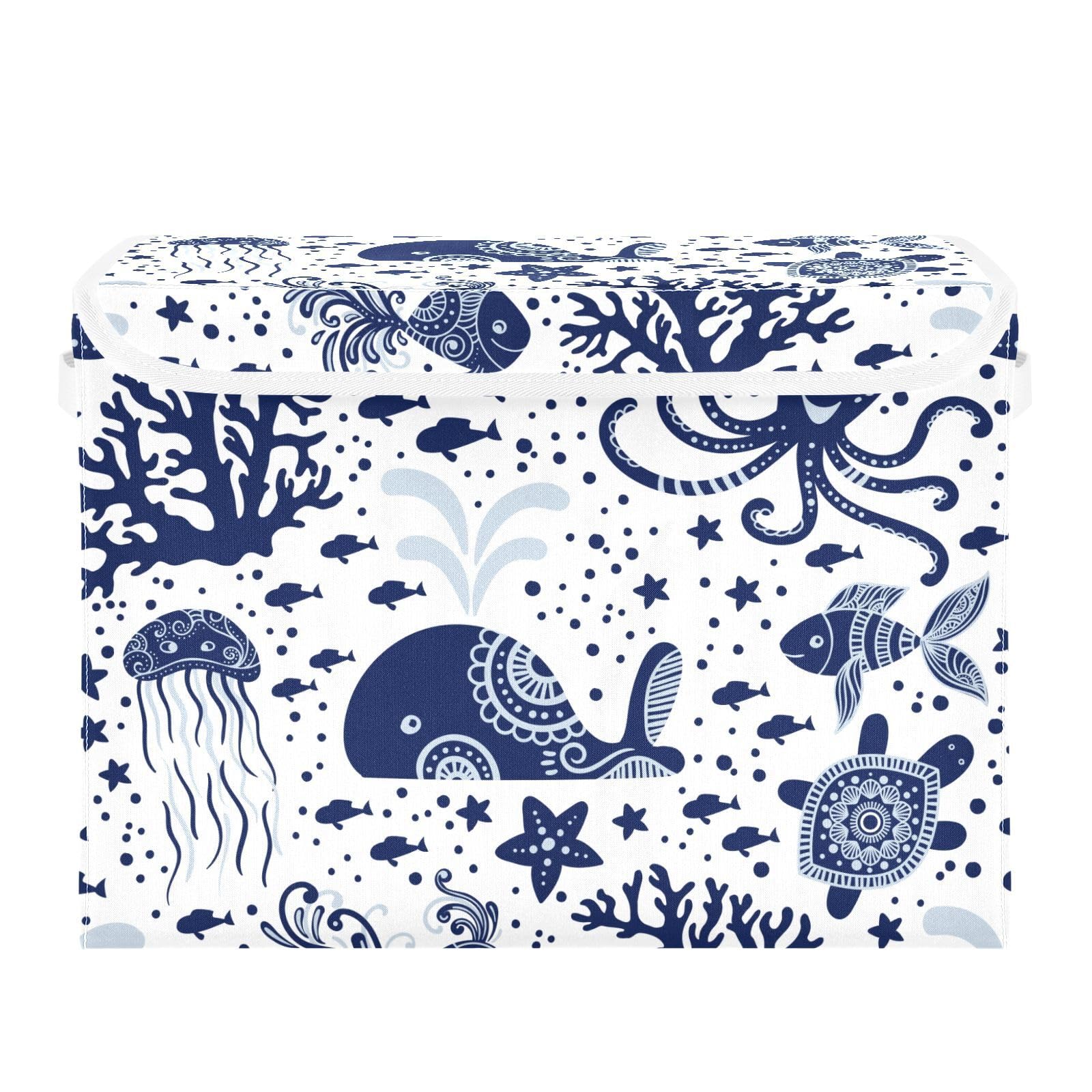 ALAZA Storage Bins Organizer Box Baskets Lidded Clothes for Shelves Closet Underwater Jellyfish Starfish Turtles Collapsible Stackable Storage Cubes Handles