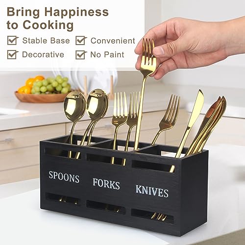 Ayiaren Wooden Silverware Caddies Flatware Cutlery Holder Wood Silverware Organizer Storage Containers Black Kitchen Utensils Holder for Countertop Spoon and Fork Holder Flatware Utensil Caddy