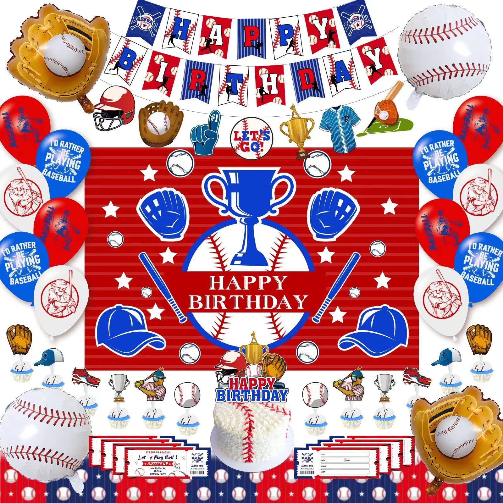 Baseball Birthday Decorations,Baseball Birthday Party Supplies,Include Sport Themed Birthday Backdrop,Happy Birthday Banners,Tabelcloth, Baseball Balloons,Cake topper,Cupcake toppers,Invitation