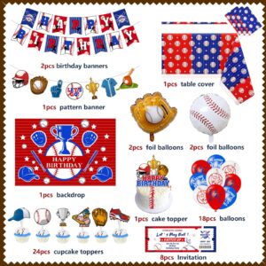 Baseball Birthday Decorations,Baseball Birthday Party Supplies,Include Sport Themed Birthday Backdrop,Happy Birthday Banners,Tabelcloth, Baseball Balloons,Cake topper,Cupcake toppers,Invitation