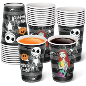 halloween disposable cups for kids adult 30 pcs, halloween pumpkin skeleton disposable paper cups for hot cold drinks, spiderweb bat holiday cups spooky halloween party supplies 12 oz black