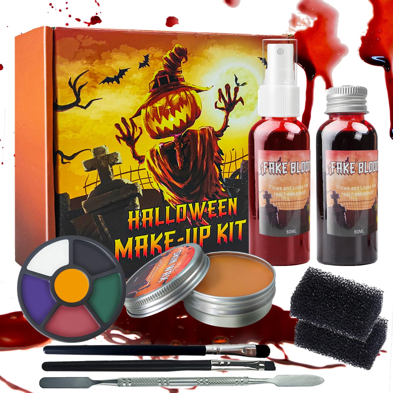 Scar Wax SFX Makeup, Halloween Makeup Kit, Special Effects Makeup kit-6 Color Bruise Wheel for Special Effects/Scar Wax with Spatula Tool/Fake Blood/Dark Fake Blood/Stipple Sponges