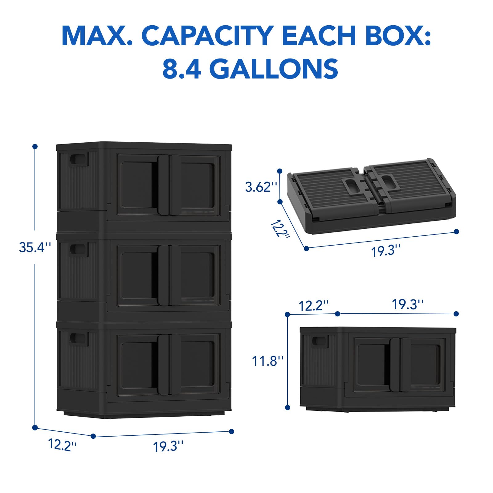 FLEXIMOUNTS Stackable Storage Bins With Lids, Collapsible Plastic Storage Bins, 110 QT Closet Organizers and Storage with Doors, Black Storage Containers For Home Essentials