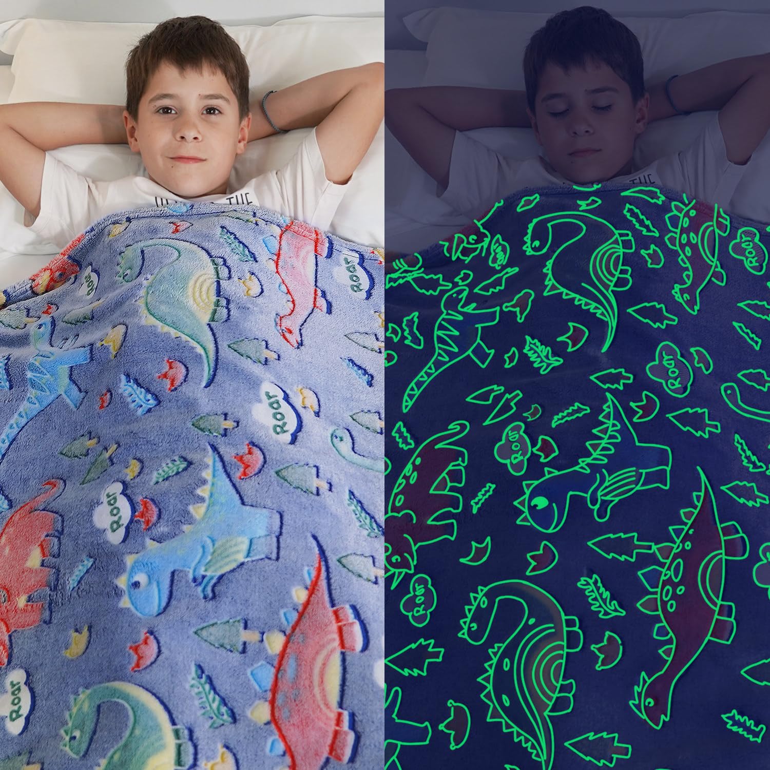 Glow in The Dark Dinosaur Blanket Gifts for Boys Girls Dinosaur Baby Blanket for Kids Soft Plush Blue Dinosaur Throw Blanket for Toddler Newborn Dinosaur Birthday Chirstmas Present 50''x60''