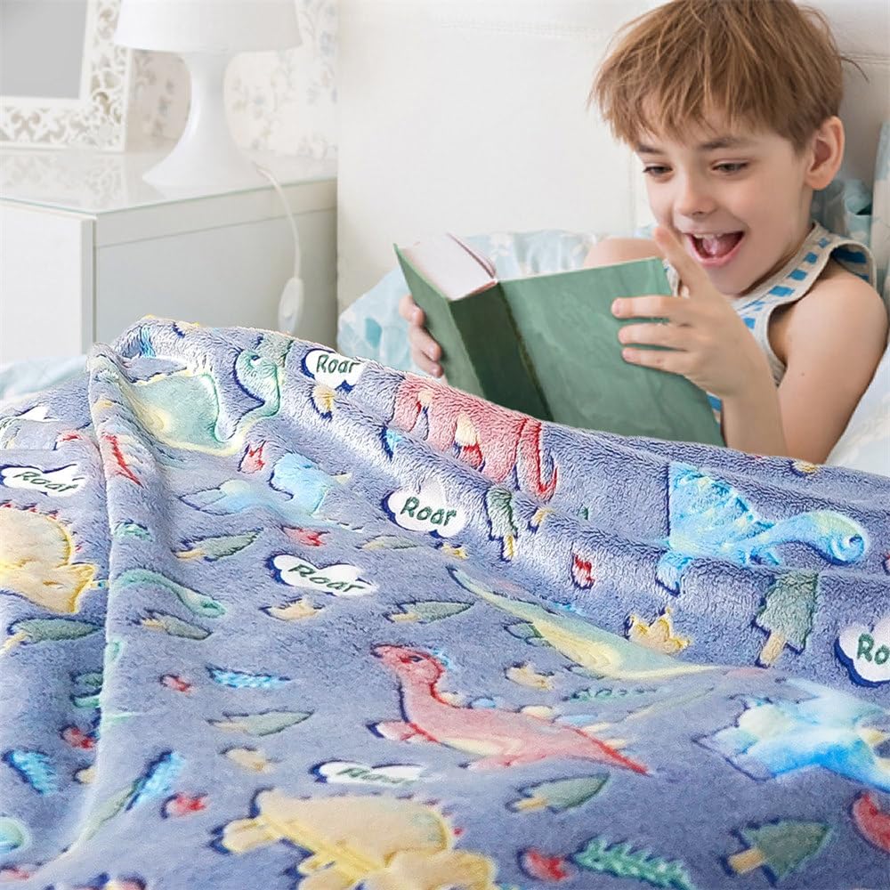 Glow in The Dark Dinosaur Blanket Gifts for Boys Girls Dinosaur Baby Blanket for Kids Soft Plush Blue Dinosaur Throw Blanket for Toddler Newborn Dinosaur Birthday Chirstmas Present 50''x60''