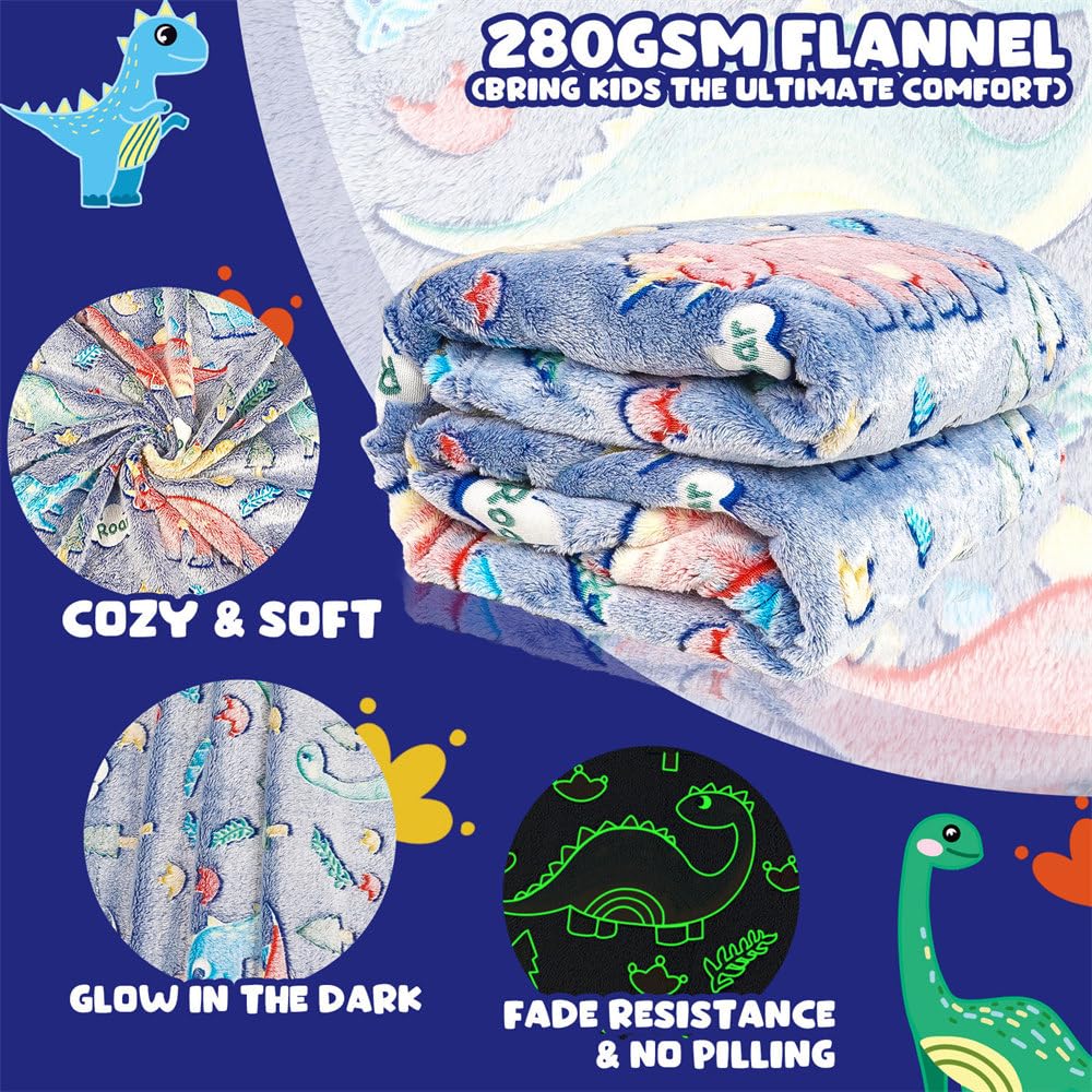 Glow in The Dark Dinosaur Blanket Gifts for Boys Girls Dinosaur Baby Blanket for Kids Soft Plush Blue Dinosaur Throw Blanket for Toddler Newborn Dinosaur Birthday Chirstmas Present 50''x60''