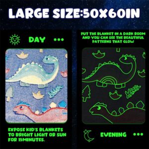 Glow in The Dark Dinosaur Blanket Gifts for Boys Girls Dinosaur Baby Blanket for Kids Soft Plush Blue Dinosaur Throw Blanket for Toddler Newborn Dinosaur Birthday Chirstmas Present 50''x60''