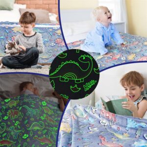 Glow in The Dark Dinosaur Blanket Gifts for Boys Girls Dinosaur Baby Blanket for Kids Soft Plush Blue Dinosaur Throw Blanket for Toddler Newborn Dinosaur Birthday Chirstmas Present 50''x60''