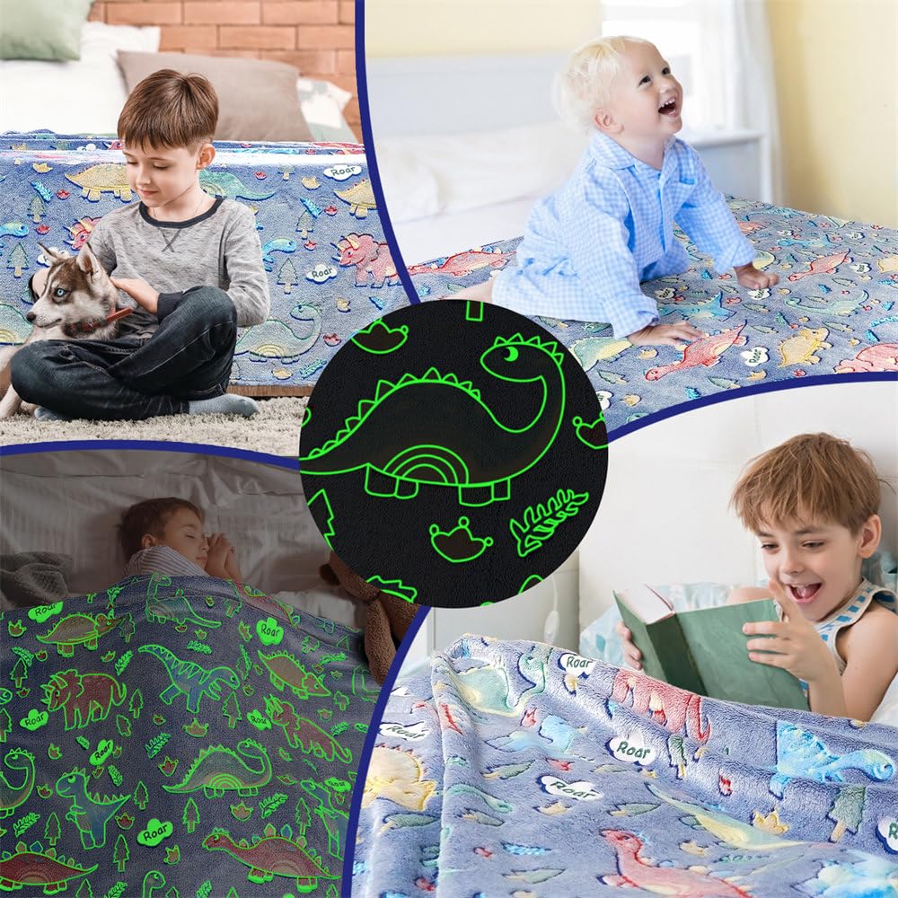 Glow in The Dark Dinosaur Blanket Gifts for Boys Girls Dinosaur Baby Blanket for Kids Soft Plush Blue Dinosaur Throw Blanket for Toddler Newborn Dinosaur Birthday Chirstmas Present 50''x60''