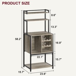 IDEALHOUSE Wine Bar Rack Cabinet, Freestanding Wine Cabinet with Glass Rack Wine Bottle Holders, Industrial Bakers Rack, Tall Liquor Cabinet with Storage for Kitchen Living Dining Room, Rustic Gray