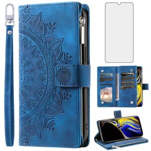 asuwish phone case for samsung galaxy note 9 wallet cover with tempered glass screen protector and wrist strap mandala flower leather flip zipper card holder slot cell note9 not s9 women men blue
