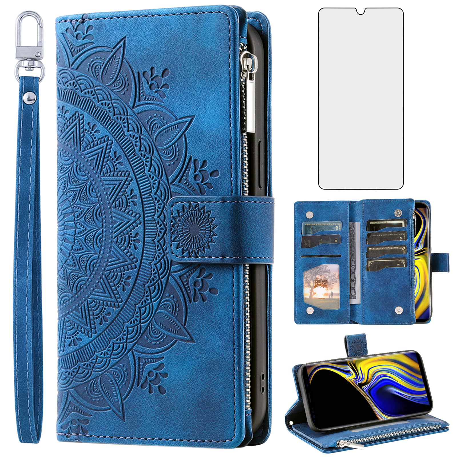 Asuwish Phone Case for Samsung Galaxy Note 9 Wallet Cover with Tempered Glass Screen Protector and Wrist Strap Mandala Flower Leather Flip Zipper Card Holder Slot Cell Note9 Not S9 Women Men Blue