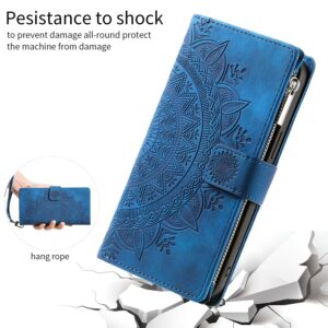 Asuwish Phone Case for Samsung Galaxy Note 9 Wallet Cover with Tempered Glass Screen Protector and Wrist Strap Mandala Flower Leather Flip Zipper Card Holder Slot Cell Note9 Not S9 Women Men Blue