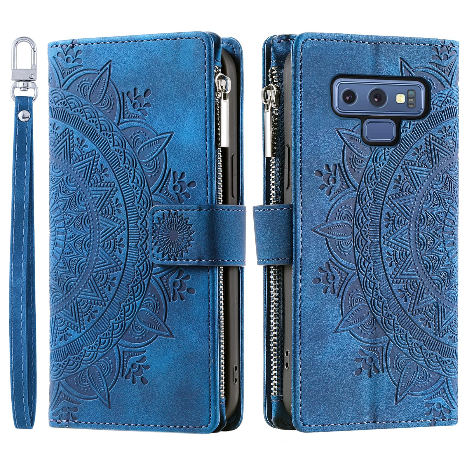 Asuwish Phone Case for Samsung Galaxy Note 9 Wallet Cover with Tempered Glass Screen Protector and Wrist Strap Mandala Flower Leather Flip Zipper Card Holder Slot Cell Note9 Not S9 Women Men Blue