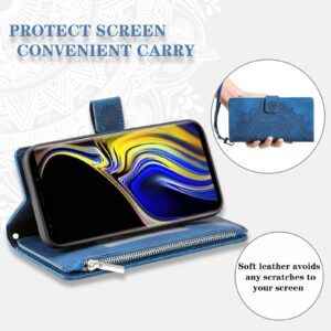 Asuwish Phone Case for Samsung Galaxy Note 9 Wallet Cover with Tempered Glass Screen Protector and Wrist Strap Mandala Flower Leather Flip Zipper Card Holder Slot Cell Note9 Not S9 Women Men Blue