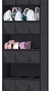 AOODA Over The Door Shoe Organizer Storage, Holds 15 Pairs Hanging Shoe Rack for Door with Large Deep Pockets, Narrow Door Shoe Holder for Closet Wall with 4 Hooks, Black