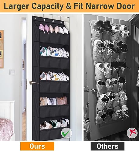 AOODA Over The Door Shoe Organizer Storage, Holds 15 Pairs Hanging Shoe Rack for Door with Large Deep Pockets, Narrow Door Shoe Holder for Closet Wall with 4 Hooks, Black