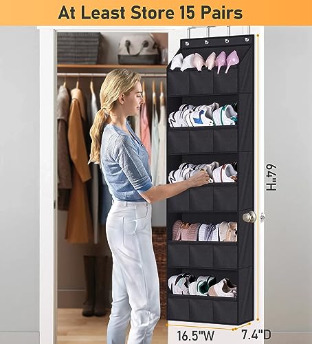 AOODA Over The Door Shoe Organizer Storage, Holds 15 Pairs Hanging Shoe Rack for Door with Large Deep Pockets, Narrow Door Shoe Holder for Closet Wall with 4 Hooks, Black