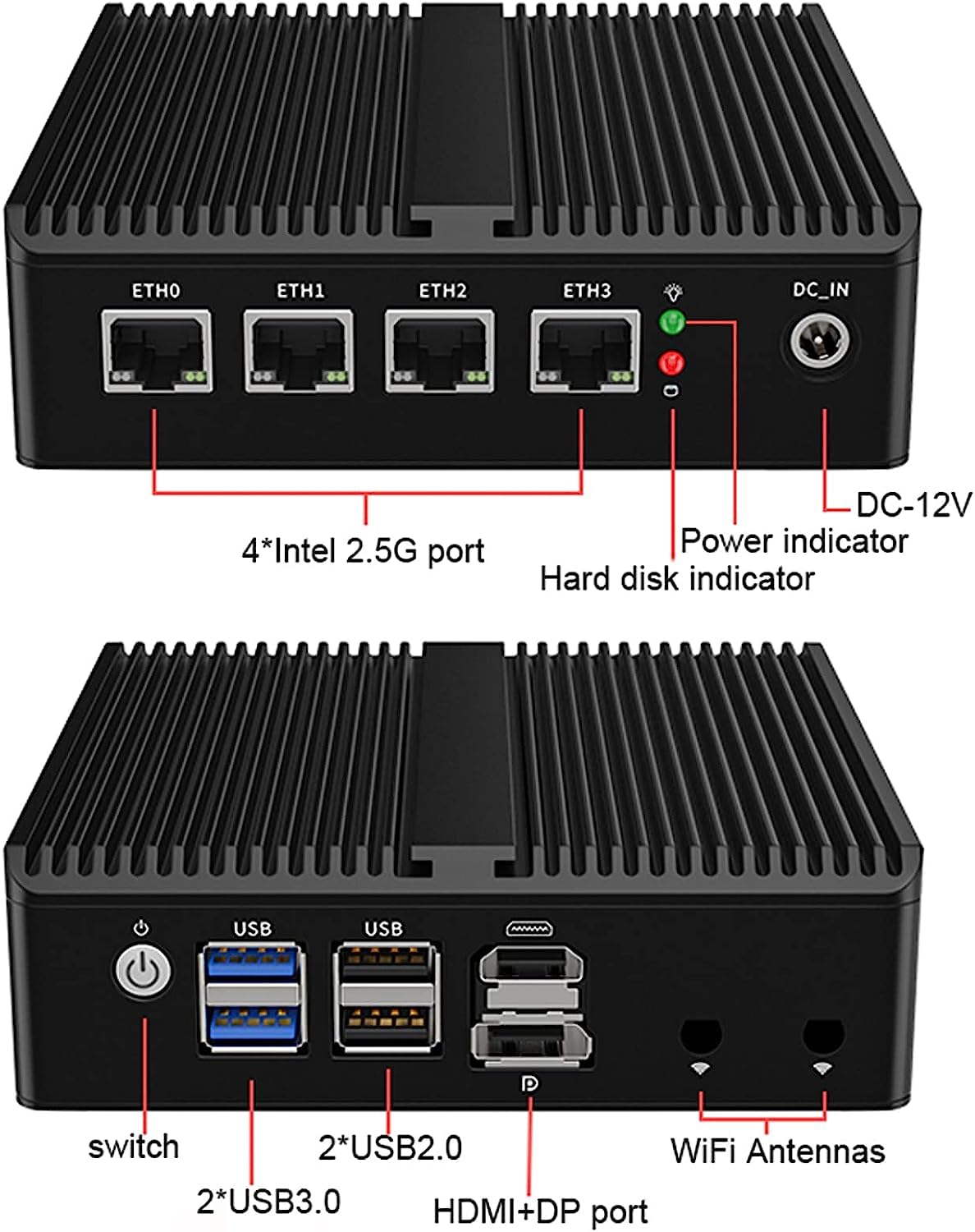 Micro Firewall Appliance, Fanlesss Mini PC, VPN, OPNsense, Soft Router, Intel Processor N100, H11, AES-NI, 4 x Intel 2.5GbE I226-V LAN, HDMI2.0, DP, No RAM, No Storage, No System