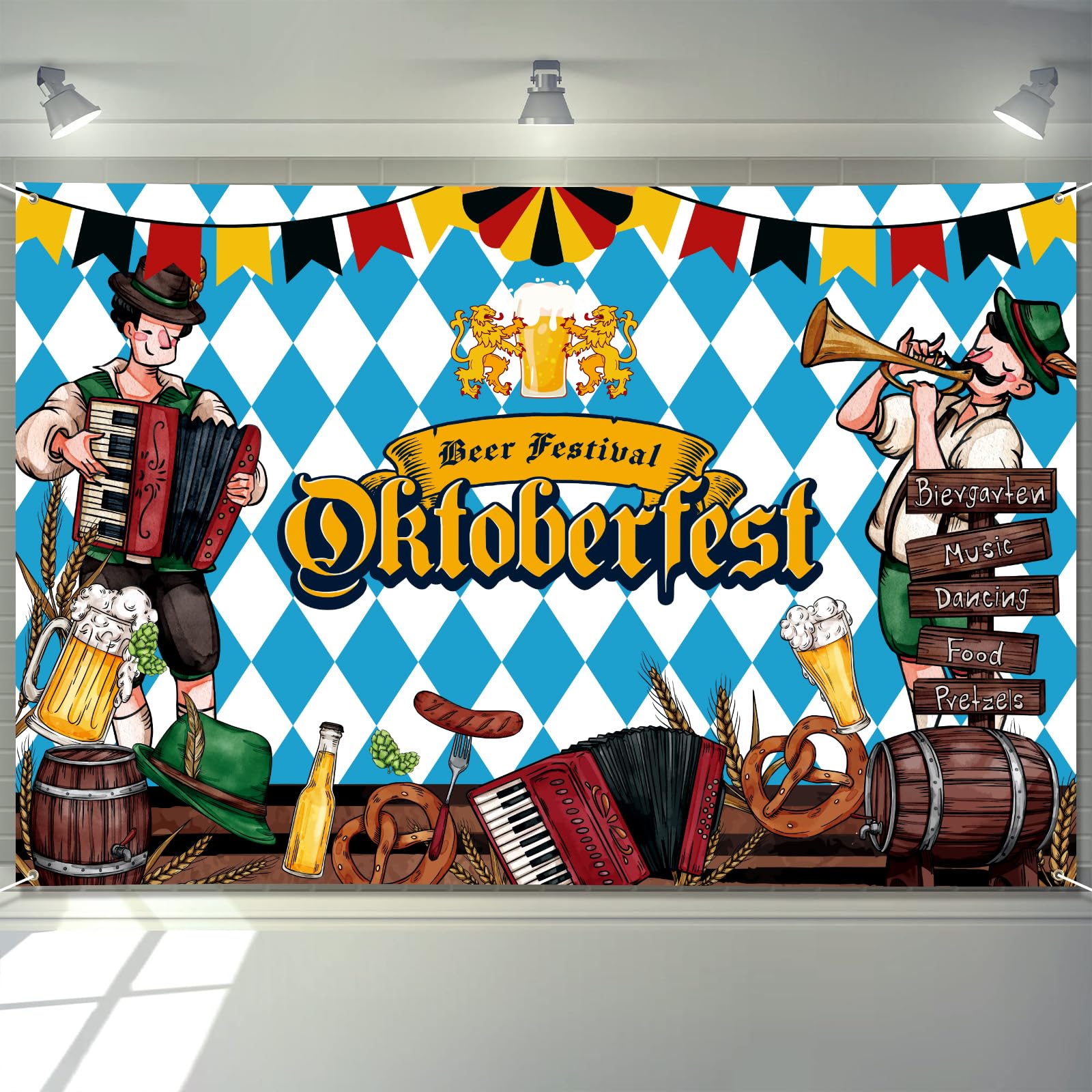 Arosche Extra Large Oktoberfest Banner 72" x 48" Beer Festival Decorations Bunting Bavarian Check Flag Party Supplies Photography Holiday Background for Indoor Outdoor Garden,Yard,Party Home Decor