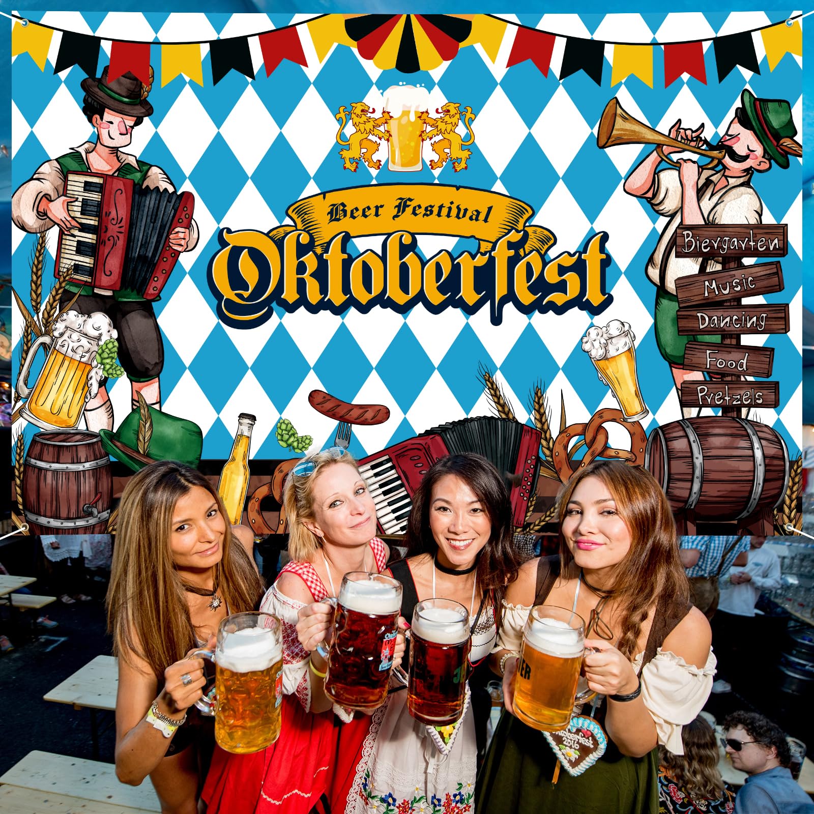 Arosche Extra Large Oktoberfest Banner 72" x 48" Beer Festival Decorations Bunting Bavarian Check Flag Party Supplies Photography Holiday Background for Indoor Outdoor Garden,Yard,Party Home Decor