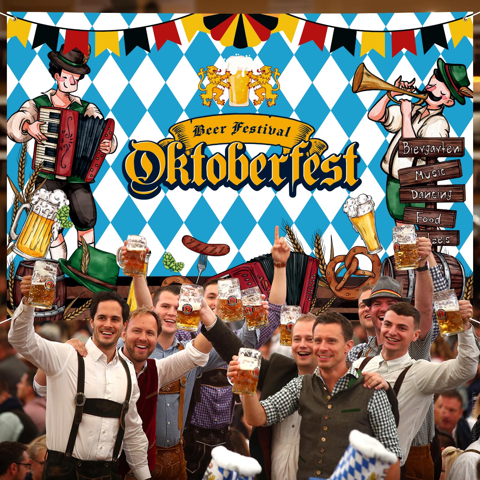 Arosche Extra Large Oktoberfest Banner 72" x 48" Beer Festival Decorations Bunting Bavarian Check Flag Party Supplies Photography Holiday Background for Indoor Outdoor Garden,Yard,Party Home Decor