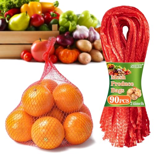 Sukh 90PCS Mesh Produce Bags - 24Inch Mesh Vegetable Bags Onion Storage Bags Net Produce Seafood Bags net bags for vegetables Storage Fruits Seafood and Other Agricultural Products Red