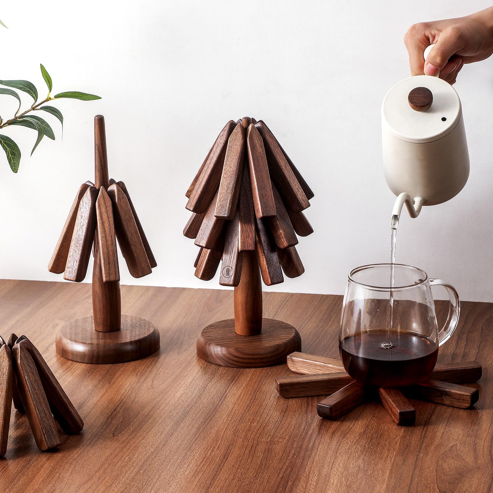 Wooden Trivets for Hot Dishes Tree Shape Trivet Set Coaster for Teapot Hot Pots (Black Walnut)