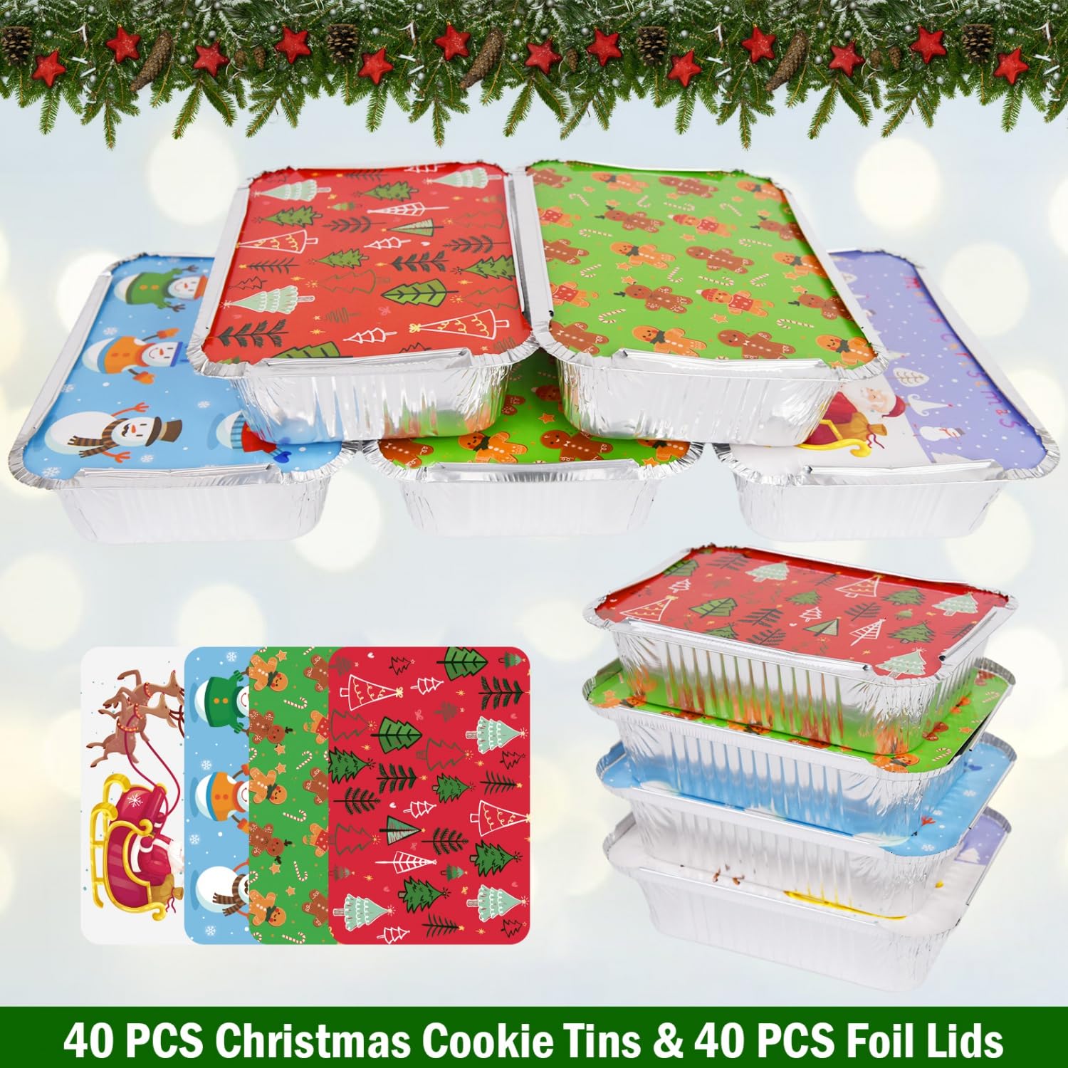 Rocinha 40 PCS Christmas Cookie Tins with Lids for Gift Giving, 4 Holiday Designs Christmas Tins Christmas Food Containers for Cookies Candy Treat Exchange 7.3"x 5.2" x 2"Christmas Foil Pans with Lids