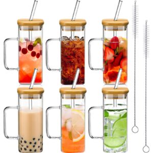 Rtteri 6 Set Square Glass Cups Drinking Glasses with Bamboo Lid Straw and Handle Portable Coffee Mugs for Graduation Party Mother's Day Gifts(Clear, 16 oz, Medium)