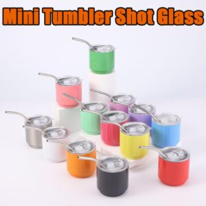 FUSSWIND Mini Tumbler Shot Glass with Straw - Mini Tumbler Shot Glass Set, Mini Tumbler Cups, Double Wall Tumbler Shot Glasses Set, Metal Mini 2oz Shot Glass Tumbler with Straw & Lid (3Pcs B)