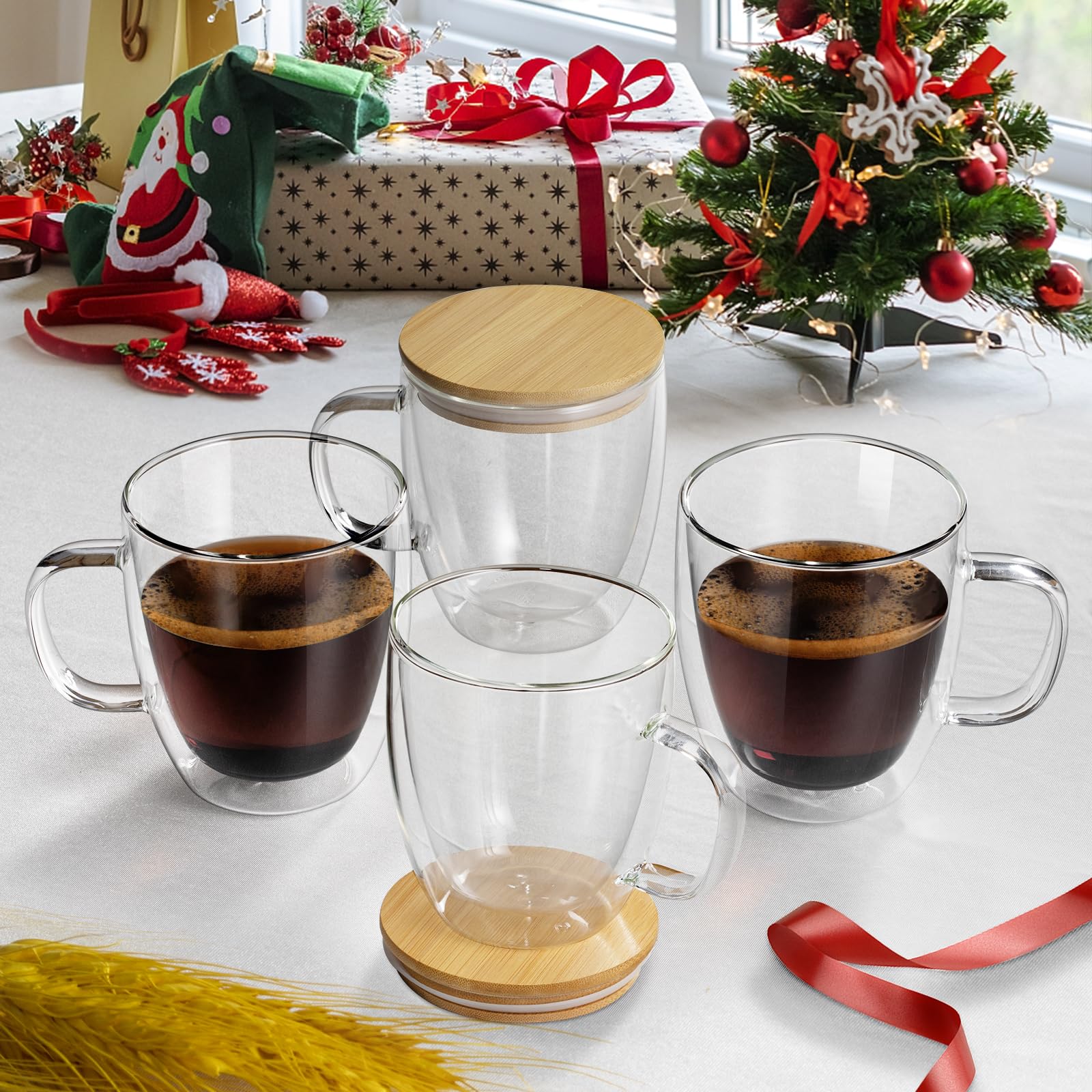 Double Wall Glass Coffee Mugs - 17 Oz Clear Coffee Mug Set of 4 Double Insulated Glass Coffee Mug With Lid Borosilicate Glass Cups Cappuccino Latte Espresso Tea Cups Dishwasher & Microwave Safe