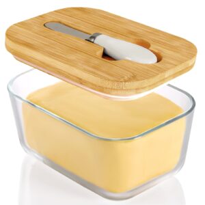 xcc large glass butter dish with lid, upgraded the capacity to holds 1lb of butter, butter keeper with knife for countertop and double high-quality silicone seal, kitchen decor and gifts