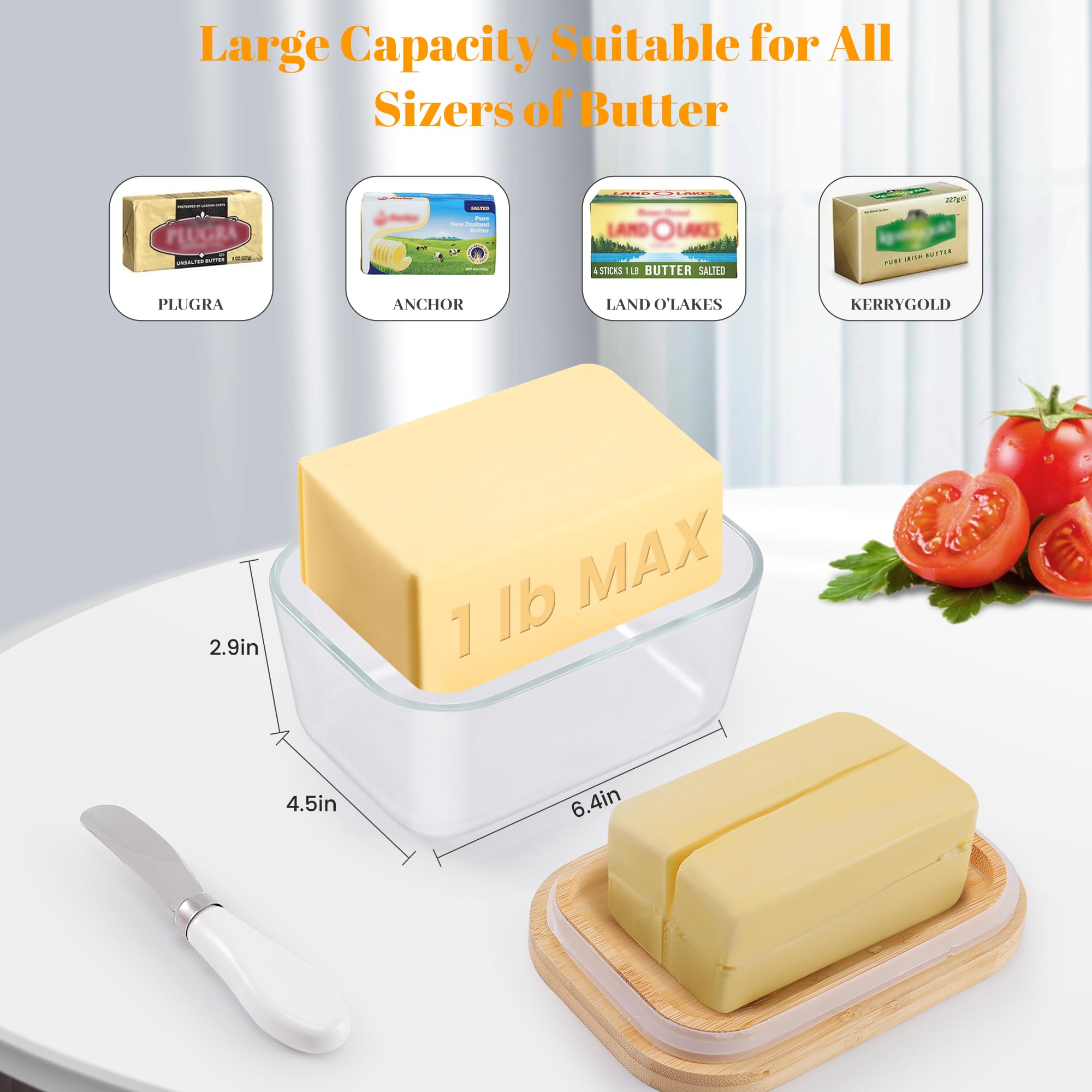 XCC Large Glass Butter Dish with Lid, Upgraded the Capacity to Holds 1lb of Butter, Butter Keeper with Knife for countertop and Double High-quality Silicone Seal, Kitchen Decor and Gifts