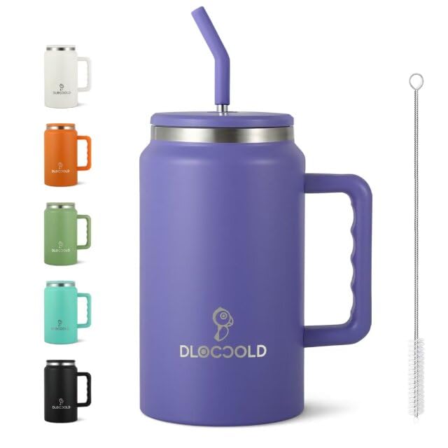 DLOCCOLD 50 oz Mug Tumbler with Handle and Straw Lid, Stainless Steel Insulated Large Travel Jug with Handle, Double Wall Reusable Water Bottle, White