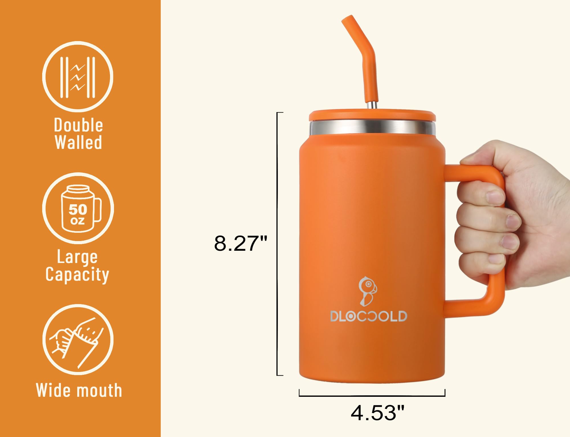 DLOCCOLD 50 oz Mug Tumbler with Handle and Straw Lid, Stainless Steel Insulated Large Travel Jug with Handle, Double Wall Reusable Water Bottle, White